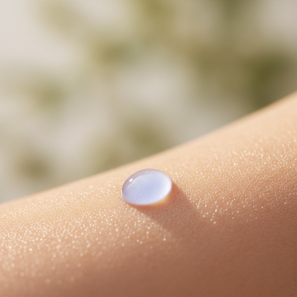 A pale serum droplet on dewy, luminous skin