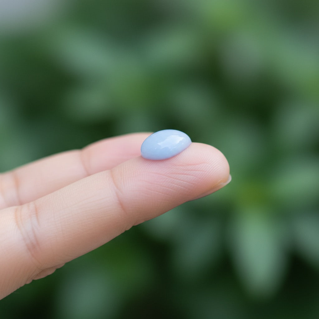 A single pale drop of Peptide Potion on a fingertip