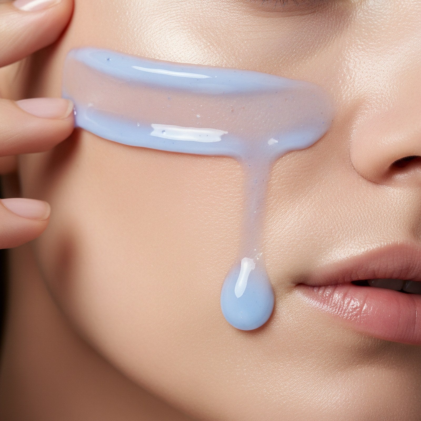 Pale-blue Peptide Potion serum smoothed onto a cheek