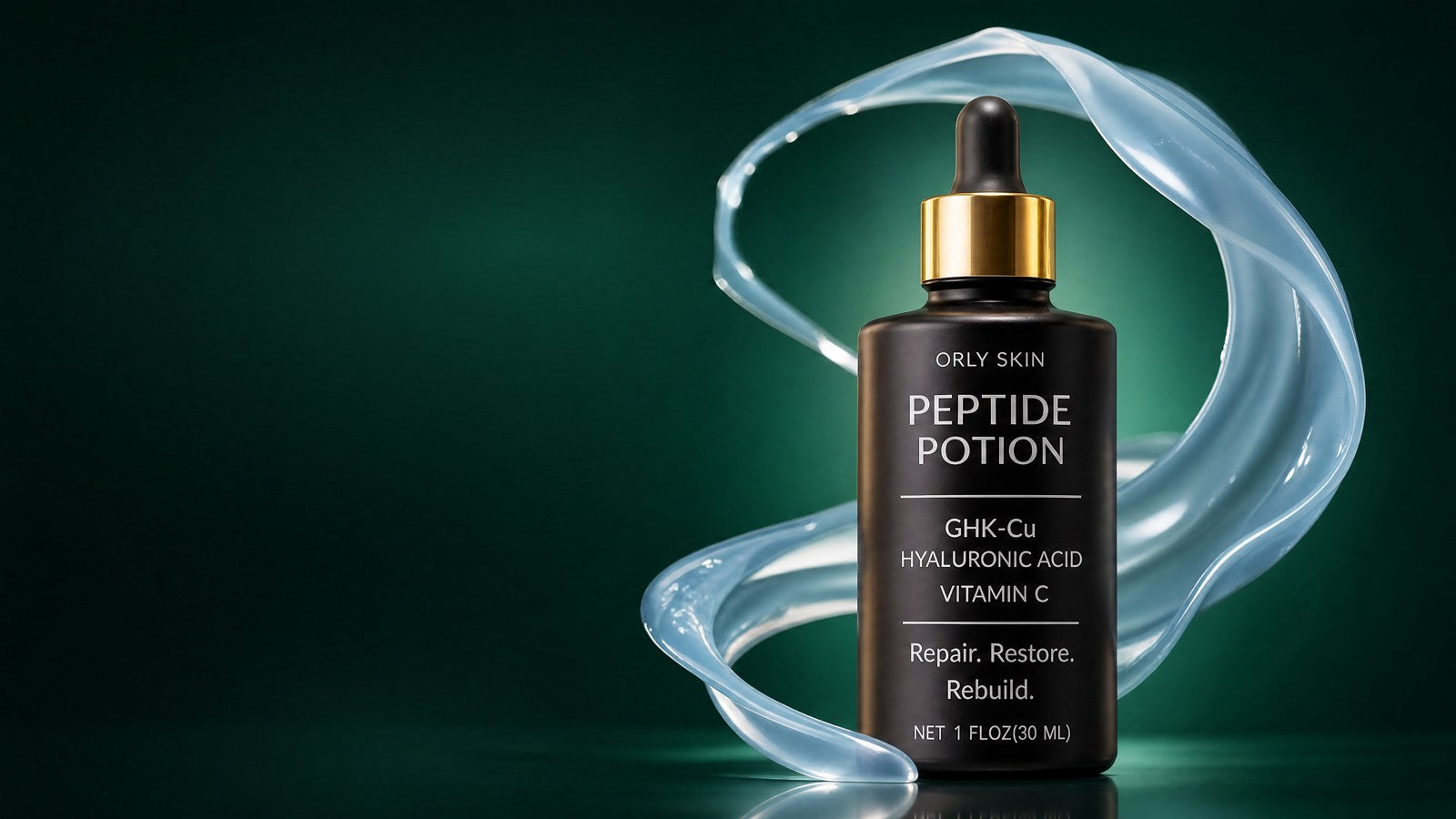 Peptide Potion bottle with a pale blue serum swirl on deep emerald