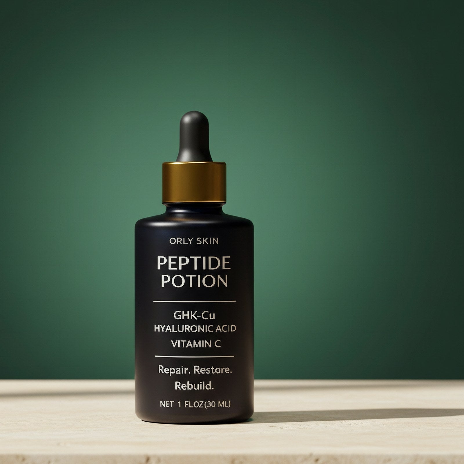 Peptide Potion bottle, dropper and a pale-blue serum droplet on a soft mint flatlay